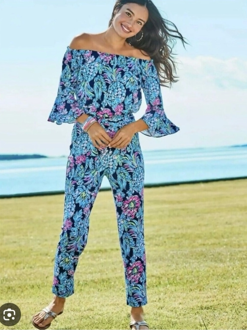 Lilly Pulitzer Calla Jumpsuit High Tide Navy Pineapple Paradise Large EUC